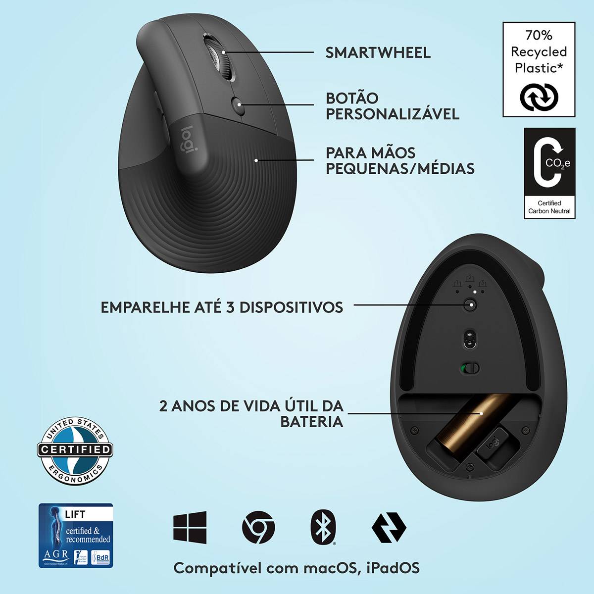 Rato Laser Logitech Lift Vertical Ergonomic Wireless/Bluetooth 4000DPI Graphite - Image 6