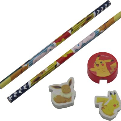 Set Papelaria - Pokémon (2 Lápis + 2 Borrachas + 1 Afia)